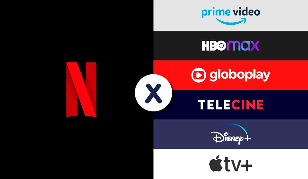 Ilustração com a logo da Netflix, à esquerda, e das concorrentes da Netflix, à direita