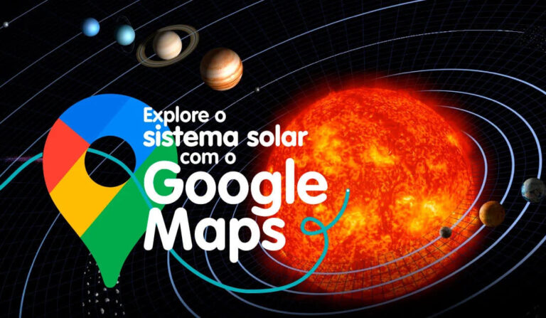 Ilustração do sistema solar ao lado do ícone do Google Maps