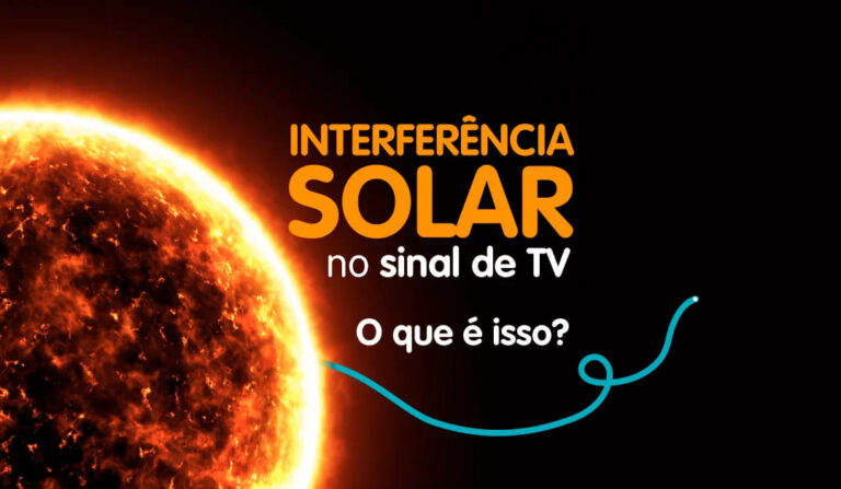Ilustração do sol à esquerda e, no centro, a frase "interferência solar no sinal de TV. O que é isso?"