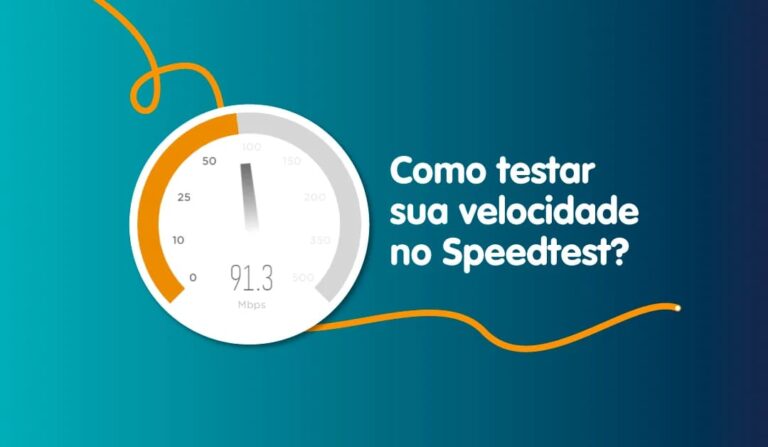 Ilustração de um velocímetro e ao lado a frase "como testar sua velocidade no Speedtest?"