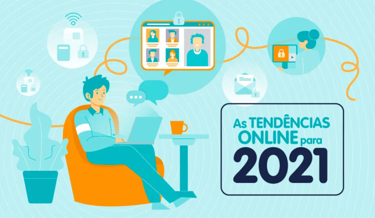 Ilustração de um homem no notebook e a frase "as tendências online para 2021"