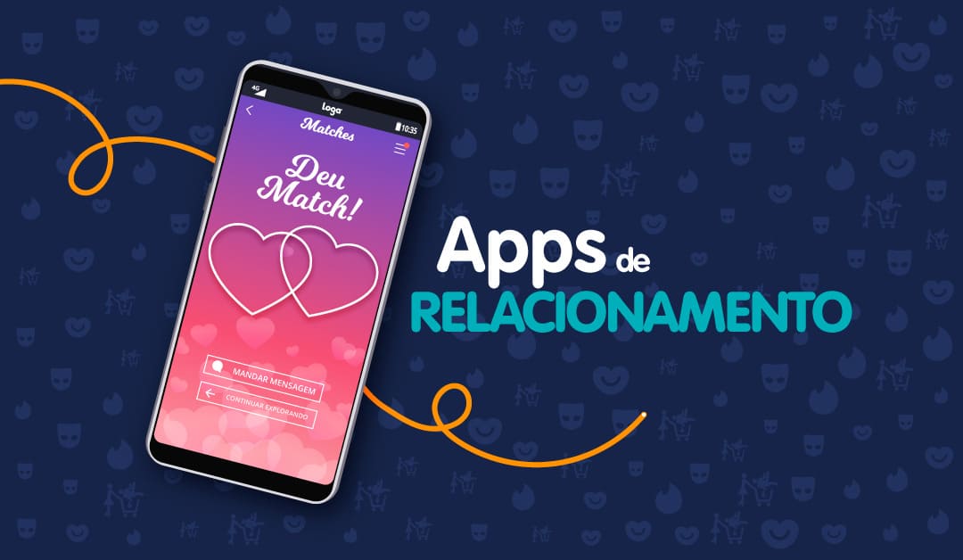 Ilustração com a imagem de celular e a frase "apps de relacionamento"