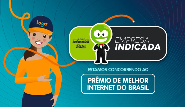 Ilustração com a Lara da Loga e a frase "empresa indicada ao prêmio de melhor internet do Brasil"