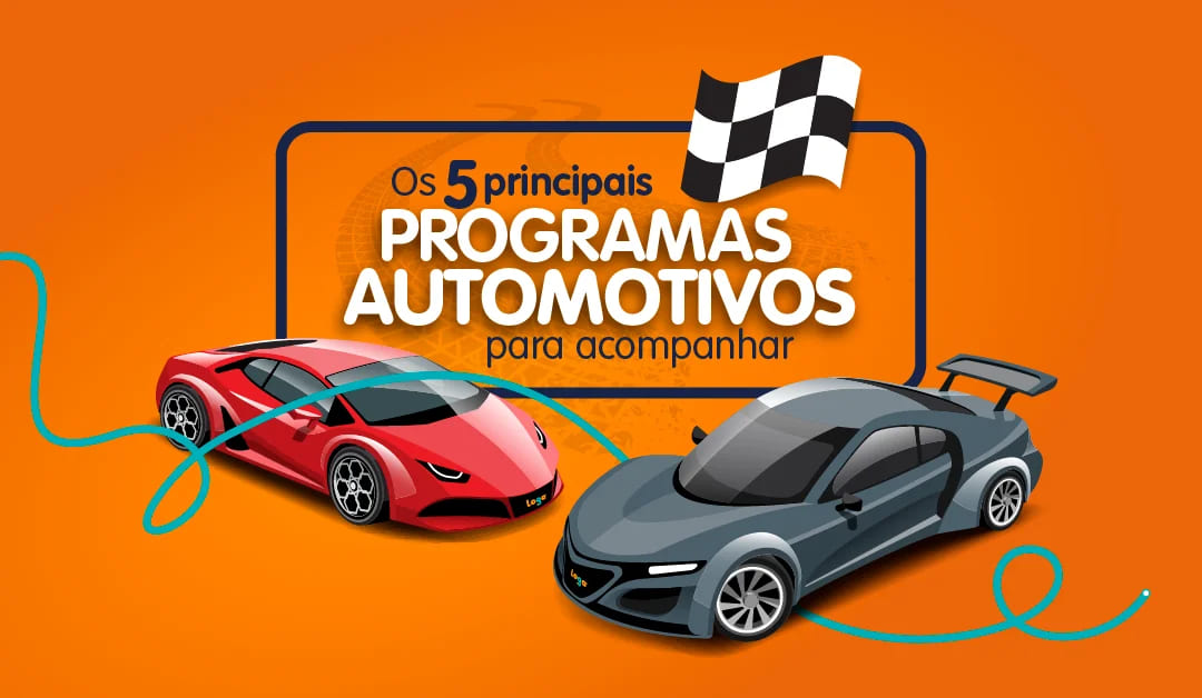 Ilustração de dois carros e a frase "os 5 principais programas automotivos para acompanhar"