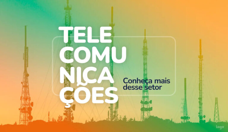 Ilustração com torres de tv e internet ao fundo e a frase "telecomunições conheça mais desse setor"