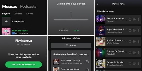 Montagem com 5 prints de tela do app Spotify